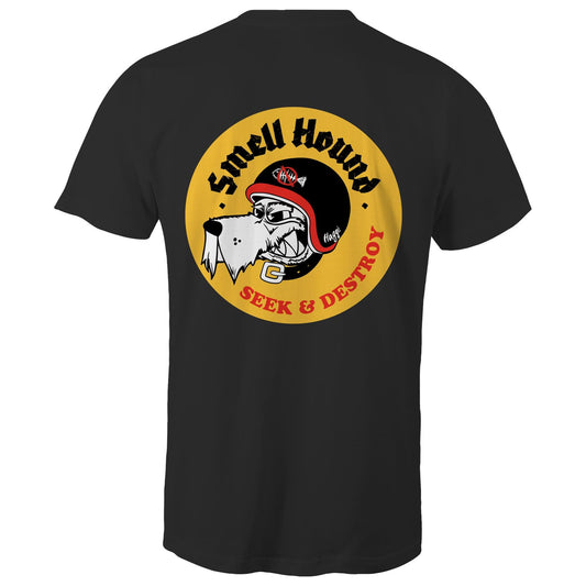Black t-shirt with a graphic print of a dog's head wearing a helmet, and the text 'SMELL HOUND SEEK & DESTROY' below it.