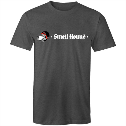 Black t-shirt with a graphic print of Smell Hound logo.