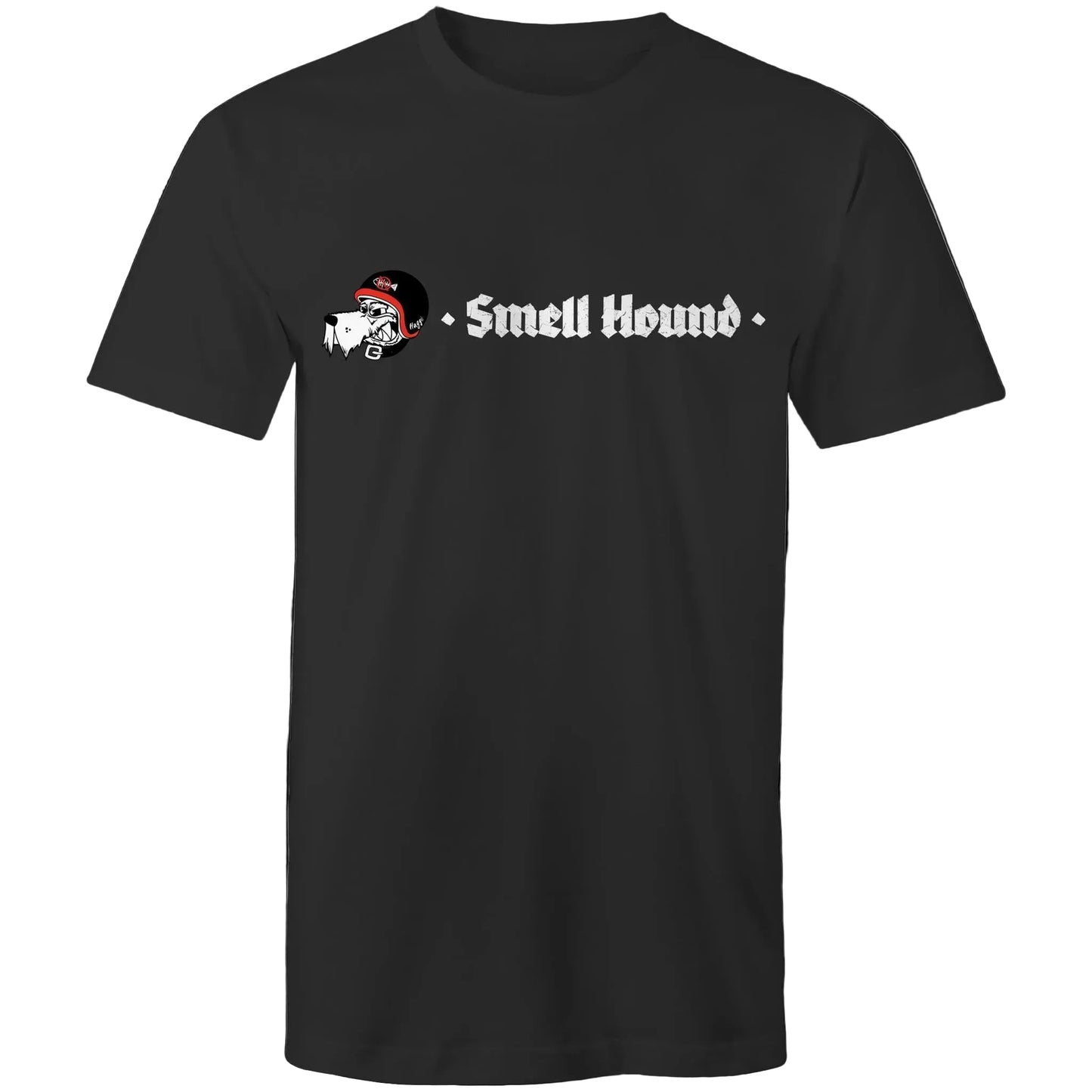 Black t-shirt with a graphic print of Smell Hound logo.