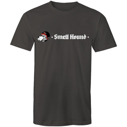 Grey t-shirt with a graphic print of Smell Hound logo.