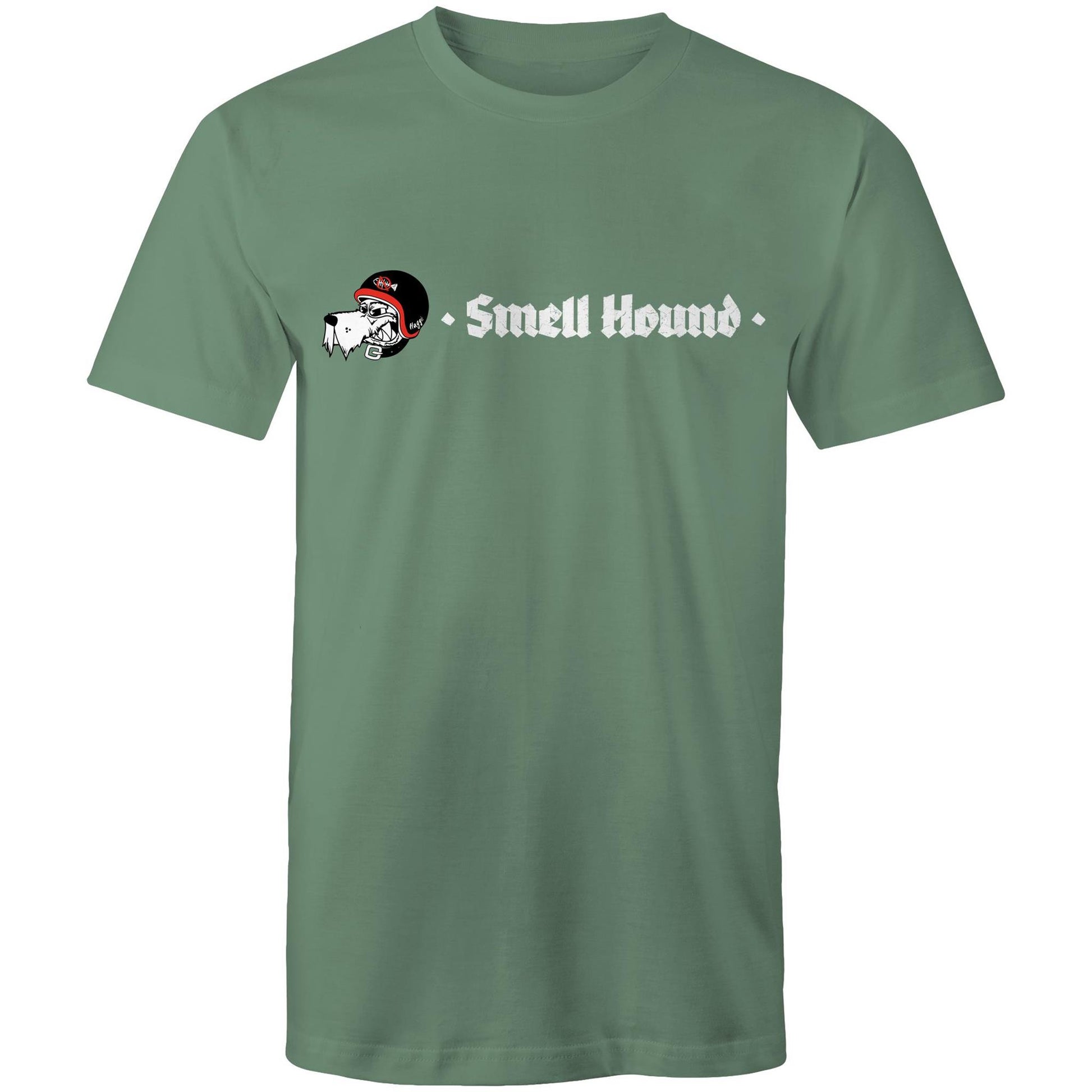 Khaki t-shirt with a graphic print of Smell Hound logo.