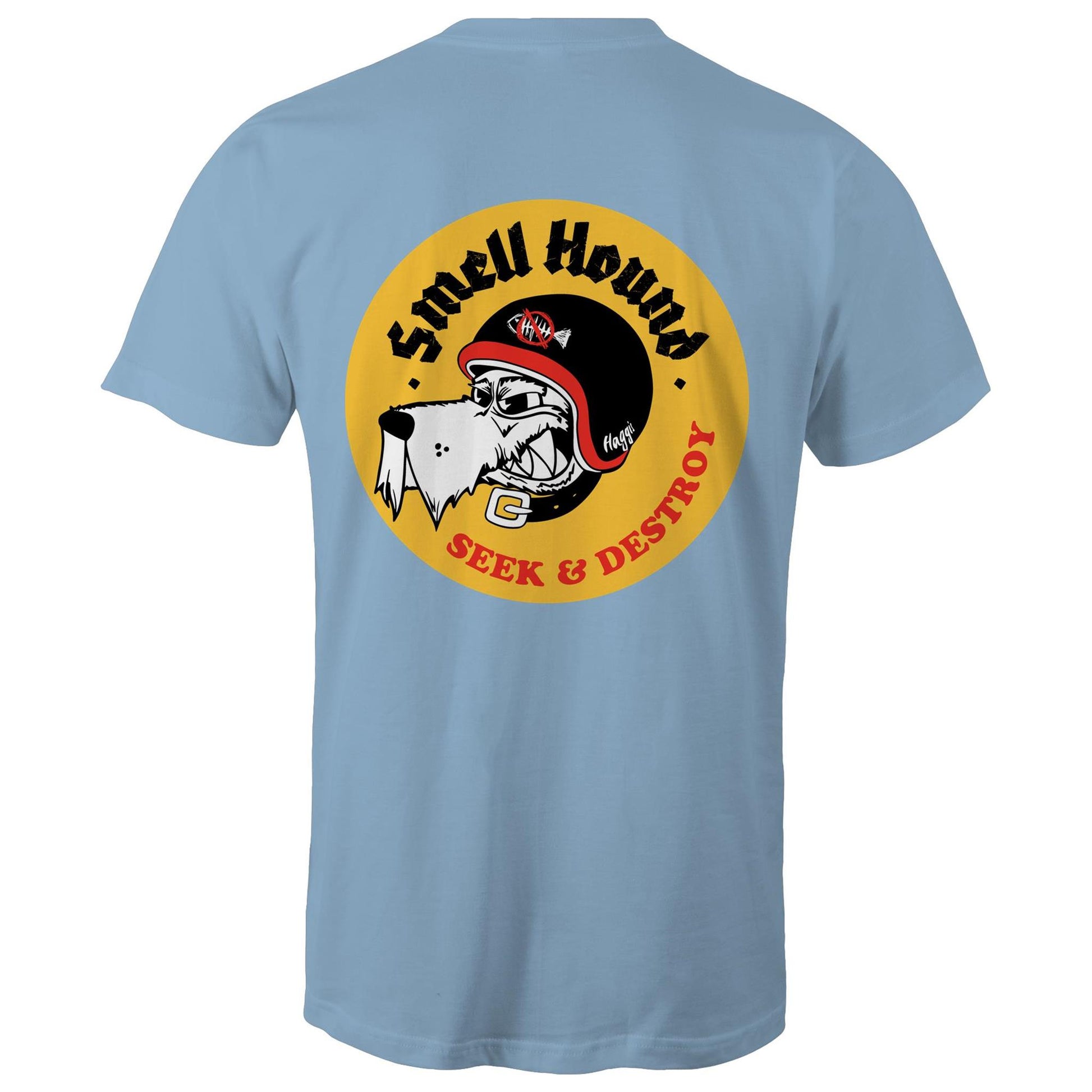 Light Blue t-shirt with a graphic print of a dog's head wearing a helmet, and the text 'SMELL HOUND SEEK & DESTROY' below it.