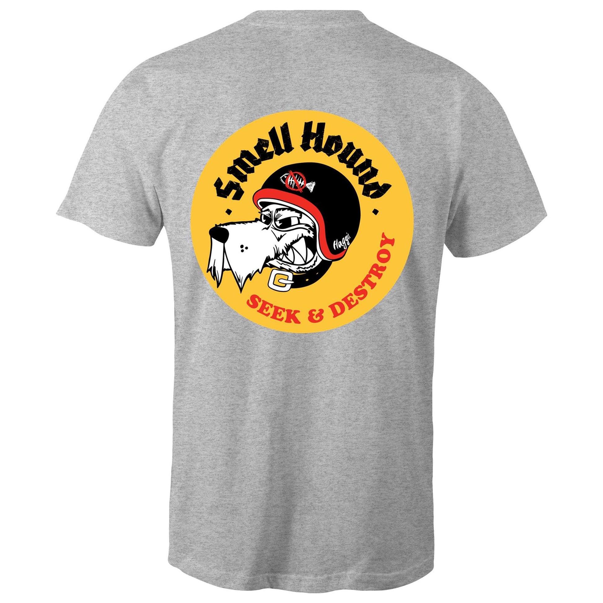 Light Grey t-shirt with a graphic print of a dog's head wearing a helmet, and the text 'SMELL HOUND SEEK & DESTROY' below it.