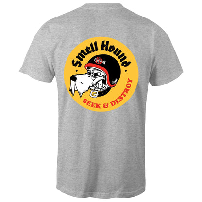 Light Grey t-shirt with a graphic print of a dog's head wearing a helmet, and the text 'SMELL HOUND SEEK & DESTROY' below it.