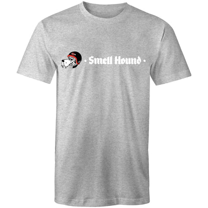 Light grey t-shirt with a graphic print of Smell Hound logo.