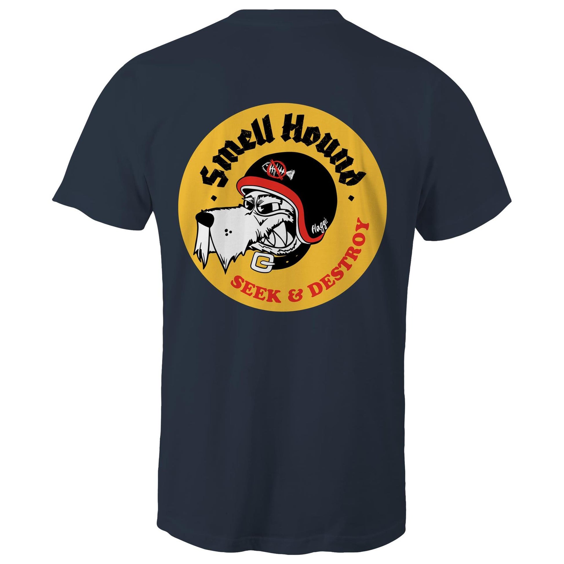 Navy t-shirt with a graphic print of a dog's head wearing a helmet, and the text 'SMELL HOUND SEEK & DESTROY' below it.