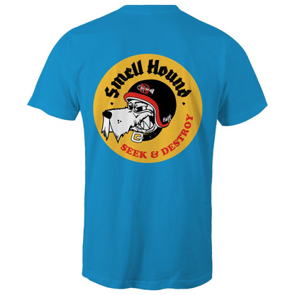 Blue t-shirt with a graphic print of a dog's head wearing a helmet, and the text 'SMELL HOUND SEEK & DESTROY' below it.