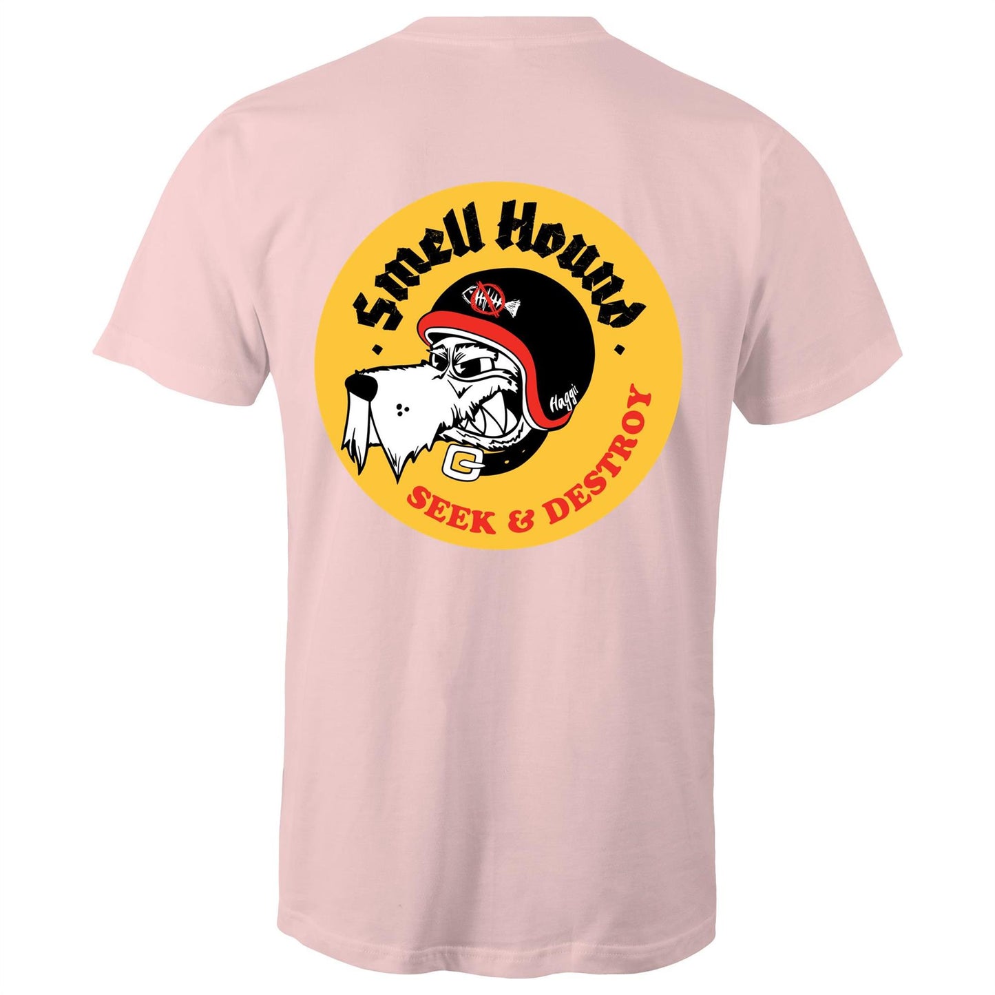 Pink t-shirt with a graphic print of a dog's head wearing a helmet, and the text 'SMELL HOUND SEEK & DESTROY' below it.