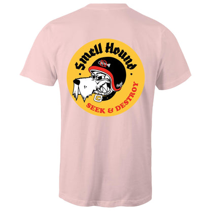 Pink t-shirt with a graphic print of a dog's head wearing a helmet, and the text 'SMELL HOUND SEEK & DESTROY' below it.